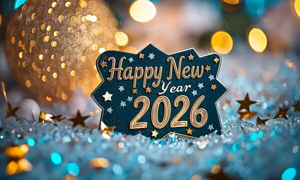 Happy New Year 2026 sign on sparkly background.