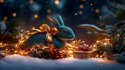 Winter Bliss with a Green Wooden Hare and Glimmering Lights. Generative AI