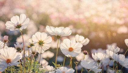 Beautiful soft focus background featuring white cosmos flowers in a serene outdoor setting during a warm and sunny afternoon
