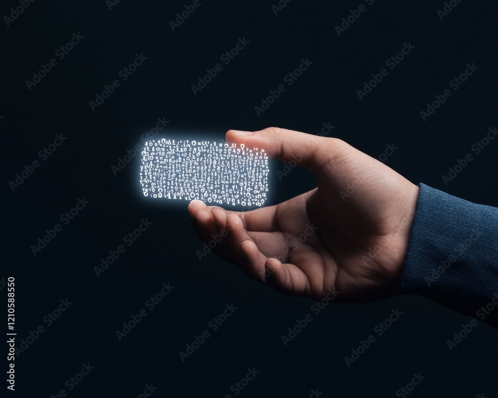 Poster Holographic Digital Identity Card in Hand Illuminated Binary Code on Dark Canvas - Cybersecurity Visual for Data Safety Promotions and Tech Innovations