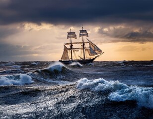 Fototapeta premium Majestic firefly sailing vessel navigating turbulent waters at sunset off the coast of Dramatic Beach