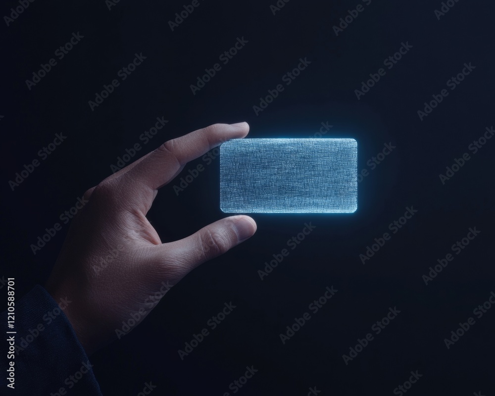 Poster Futuristic Holographic Digital Identity Hand Holding Glowing Data Card Against Dark Backdrop - Secure Authentication and Cyber Privacy in Tech-Forward Businesses