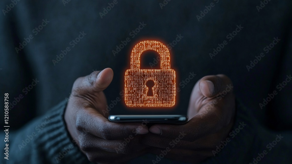 Fototapete Neon Digital Lock on Smartphone Sleek Cybersecurity Display with Encrypted Code - Essential Mobile Safety Solution for Modern Tech Users
