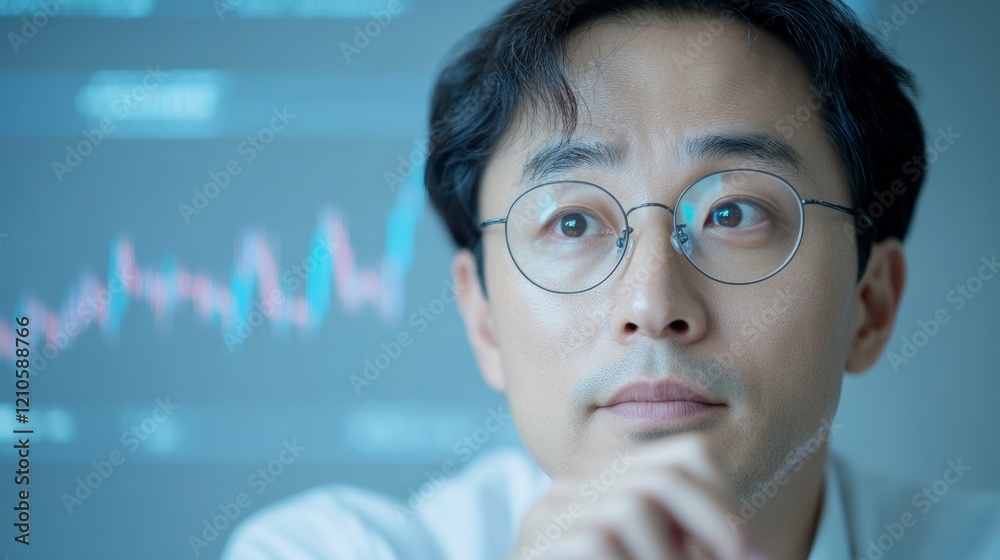 Poster High-Tech Cryptocurrency Analysis Korean Businessmans Insight in Digital Finance with Cold Blue Graphs - Investment Strategy and Blockchain Innovation