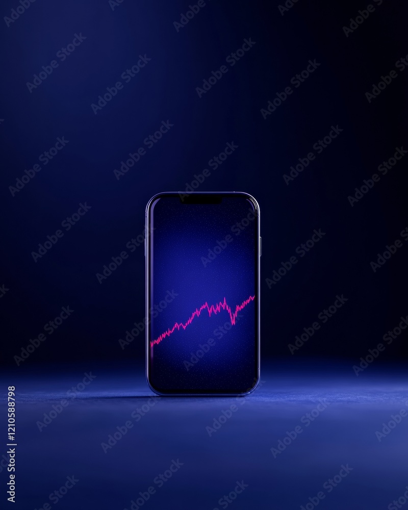 Poster Futuristic Cryptocurrency Trading Display Smartphone with Live Graphs and Coin Data on Luminous Blue Surface - Financial Tech and Investment Insights for Digital Commerce