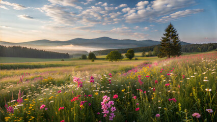 Fototapeta premium Vibrant spring meadow with blooming wildflowers under a blue sky