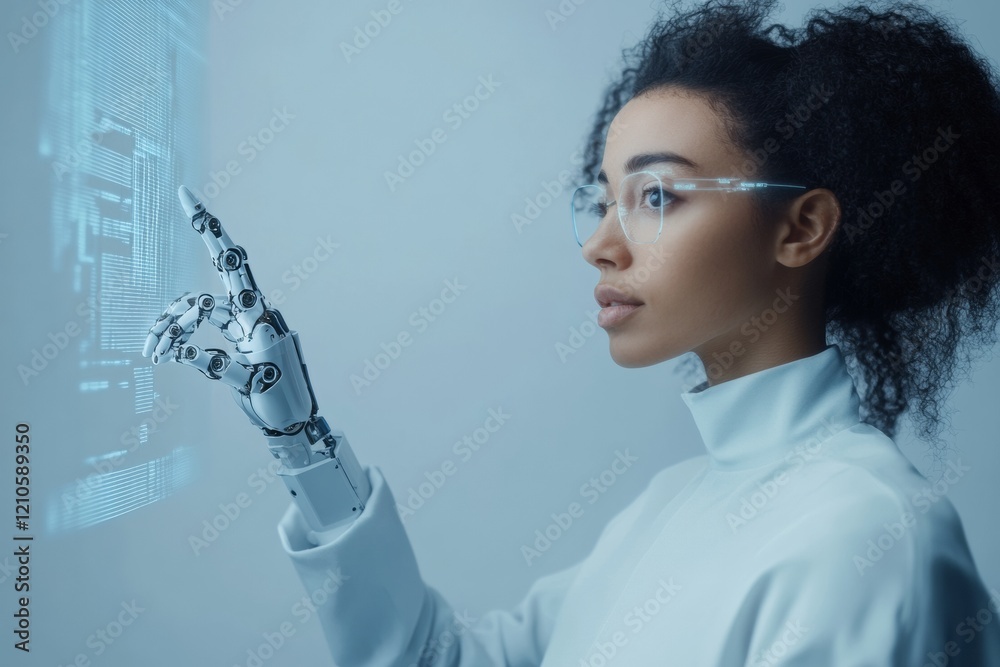 Poster Futuristic AI Interface Robotic Hand with Digital Hologram - Human-AI Synergy in Business Innovation and Tech-Driven Automation Solutions