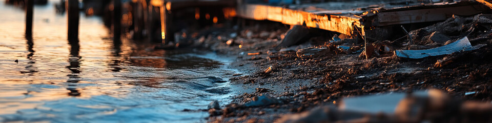 Sunset at Polluted Shoreline with Decaying Wooden Structure