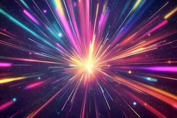 Obraz premium A futuristic abstract background filled with vibrant light streaks emanating from the center, creating colorful rays of movement in every direction.