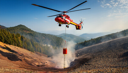Helicopter using water bucket to combat wildfire in mountainous terrain during daylight
