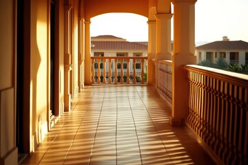 A serene balcony bathed in warm sunlight, shadows of a railing stretching across the tiled floor