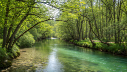 Obraz premium Lush Green Forest with Tranquil Stream Flowing through a Peaceful Landscape