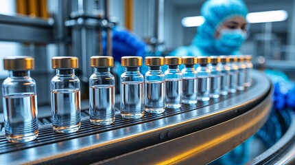industry - vaccine vials on a conveyor belt.