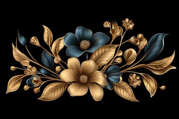 Golden and blue floral artwork on a black background. luxury decoration for elegant branding or special event designs.
