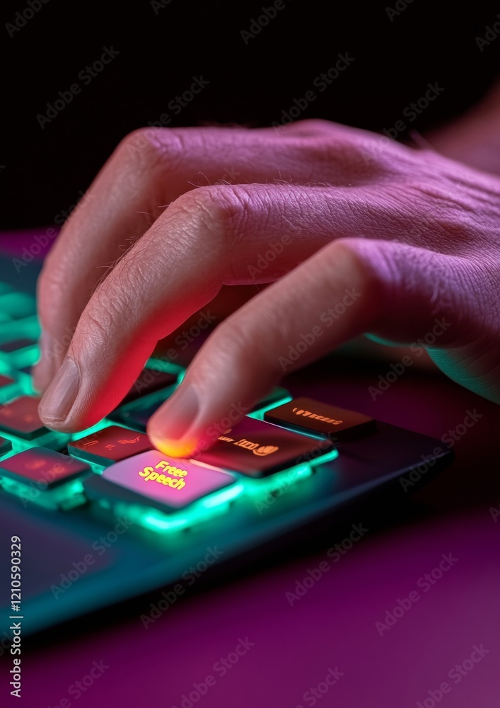 Poster futuristic tech vibes close-up of hands on led-backlit keyboard with free speech sticker - cybersecu