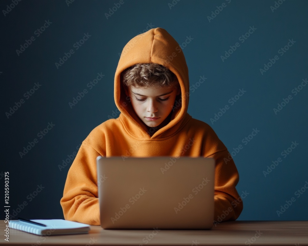 Aufkleber focused e-learning vibe teen engages in coding at home - cozy hoodie and minimalist desk in digital 