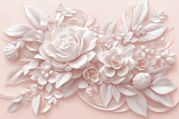 Luxurious white floral arrangement with roses and leaves on a pink background. wedding and branding concepts