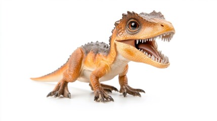 Fototapeta premium Tiny dinosaur isolated on a white background in a playful and realistic 3D render. Generative AI