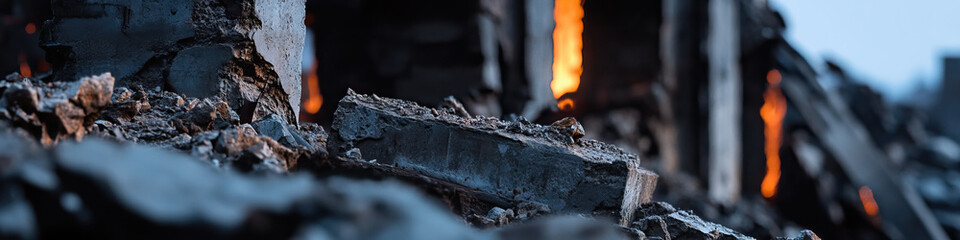 Obraz premium Charred Concrete and Rubble with Visible Flames