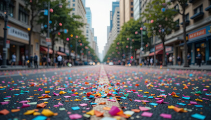 Obraz premium Confetti in vibrant colors covers the pavement of a bustling city street, reflecting a lively celebration. Tall buildings line the road, creating a festive atmosphere in the afternoon light