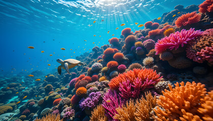 Obraz premium Vibrant coral reef teeming with marine life, including a sea turtle and colorful fish, sunlit ocean.