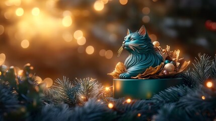 Vintage Green Wooden Cat Sculpture with Holiday Lights. Generative AI