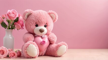 Pink teddy bear holding heart with roses on pink background
