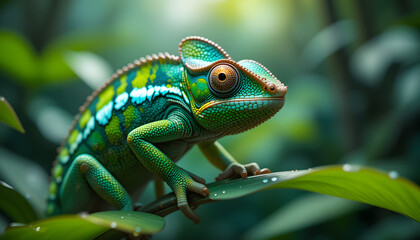 Naklejka premium Vibrant green chameleon perched on lush foliage.
