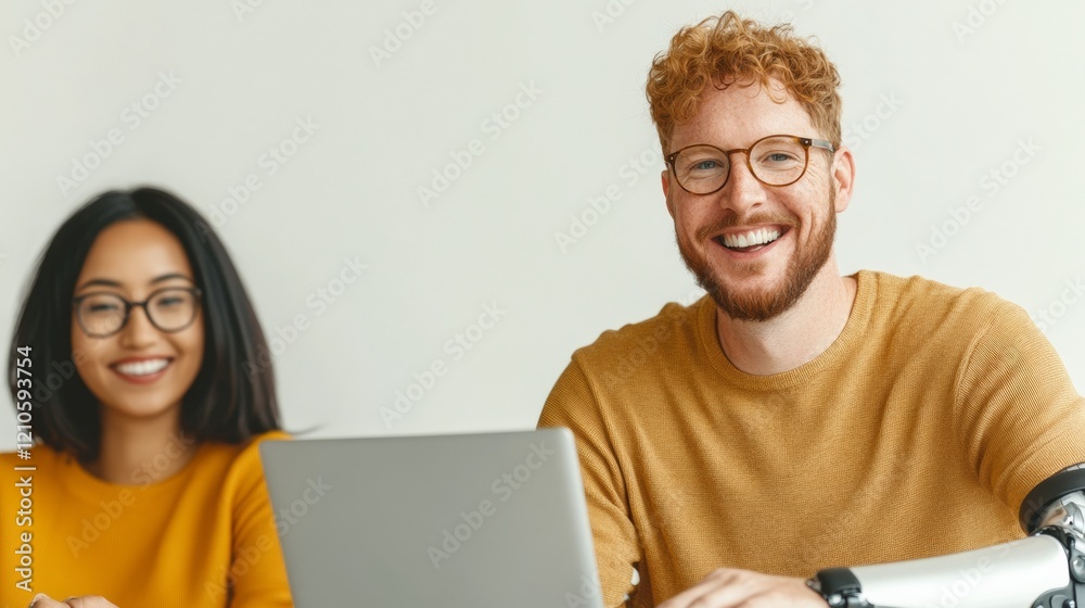 Aufkleber Modern Inclusivity in Tech Diverse Team Collaboration with Prosthetic Innovation on Gray Desk - Enhancing Workplace Dynamics and Business Opportunities
