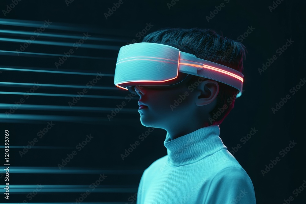 Aufkleber neon-futuristic vr experience child in immersive virtual reality education scene with glowing graphi