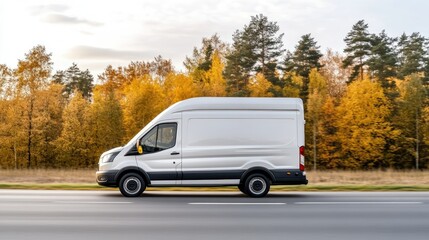 Delivery van travels along a highway surrounded by autumn trees in a scenic rural landscape at sunset