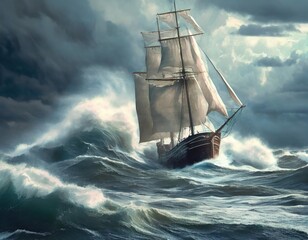 Majestic sailing ship navigating turbulent waves in stormy weather