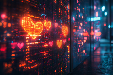 Obraz premium Colorful holographic love letters illuminate a cybernetic corridor at night