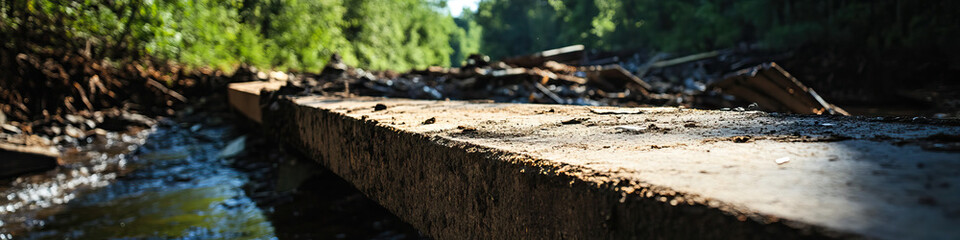 Fototapeta premium Weathered Wooden Beam Near Stream and Debris Pile