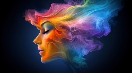 Colorful abstract artwork portrays a female profile with swirling, vibrant hues in a dreamlike, ethereal form.