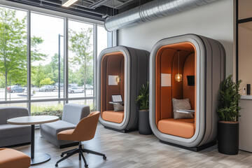 Contemporary hybrid office space featuring cozy work pods and flexible seating