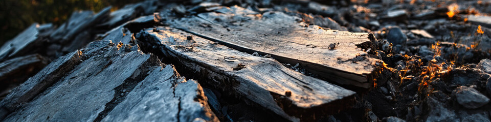 Fototapeta premium Fragmentation of Weathered Wood Planks on Soil
