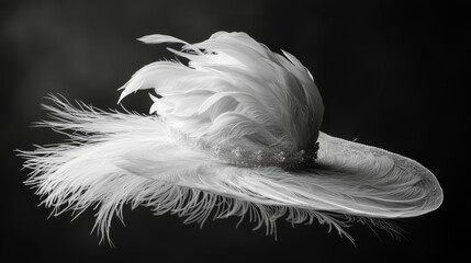 Elegant black hat adorned with feathers and embellishments on a dark backdrop
