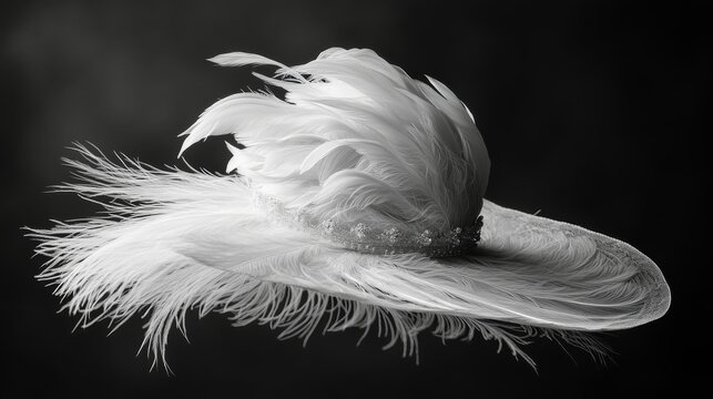 Elegant black hat adorned with feathers and embellishments on a dark backdrop