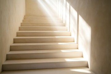 A tranquil stairwell with sunlight filtering through a skylight, creating soft, diffused shadows on each step