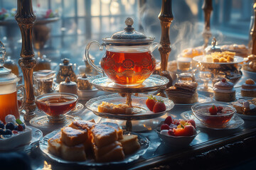 Turkish tea service adorned with an array of delightful desserts at sunset