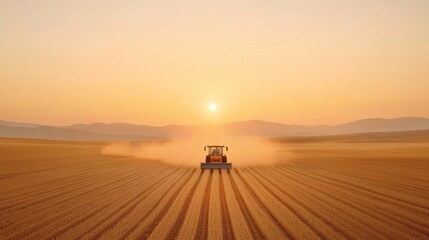 Golden Hour Harvesting State-of-the-Art Machinery in Dusty Sunset Fields - Leveraging IoT for Smart Agriculture and Eco-Friendly Farming Innovations