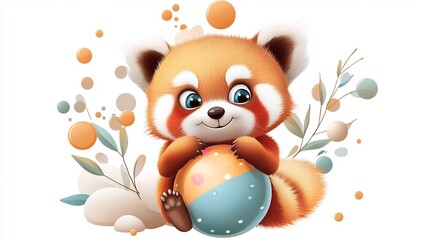 Naklejka premium Adorable Red Panda Holding Easter Egg: A Springtime Delight