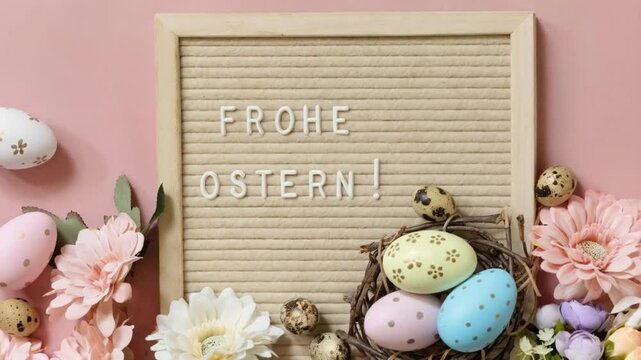 Easter celebration with pastel eggs and flowers on a decorative board