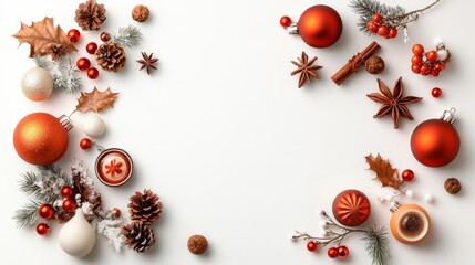 Christmas garland with red and golden ornaments on a white background. Generative AI