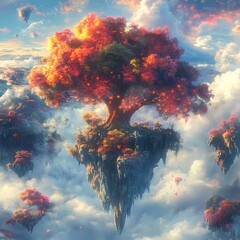 Fantasy Sky Islands: Witness an awe-inspiring scene of surreal beauty where a vibrant tree with fiery foliage thrives atop a floating island amidst a sea of clouds.
