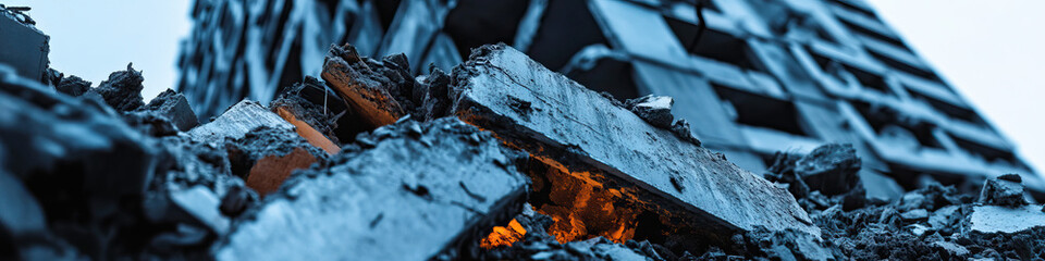 Fototapeta premium Demolished Building Rubble with Embers