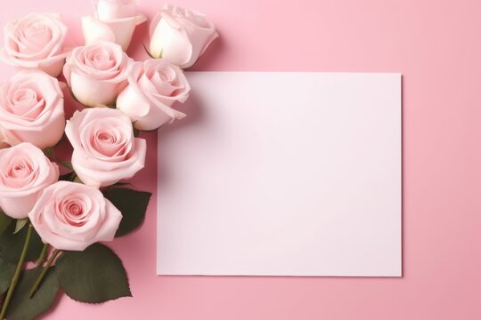 Pink Roses and Blank Card on Pink Background