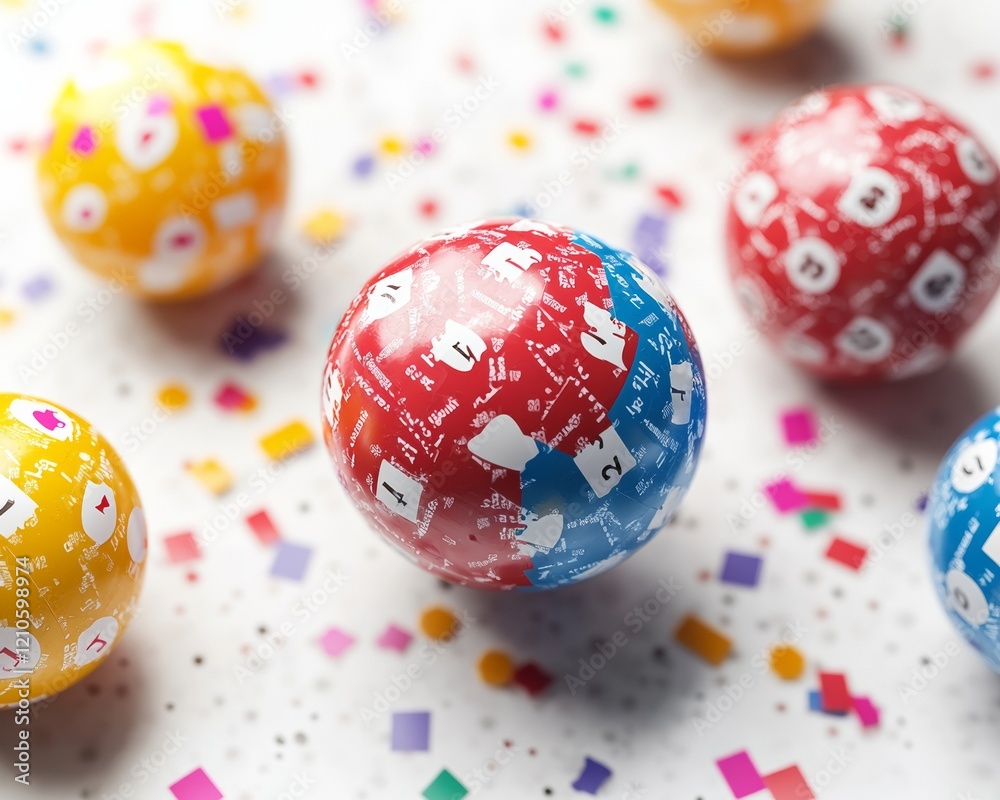 Poster vibrant lottery ticket spheres dynamic colorful patterns on white - interactive gaming graphics and 