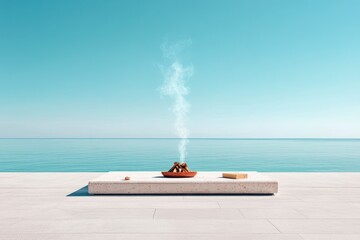 Calming coastal retreat featuring a serene fire pit surrounded by tranquil waters under a clear blue sky. Generative AI